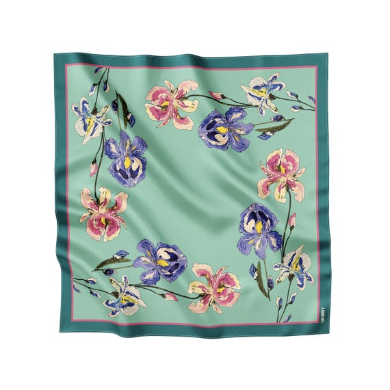 Square Scarf with Iris Flowers, Satin Scarf, Hand Painted Design Hair Scarf, Floral Neck Scarf, Anniversary Gift Wife, Pastel Green Bandana
