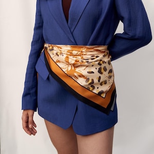 Leopard silk scarf, Trendy scarf, Orange and brown leopard print scarf, Silk large square scarf, Luxury scarf for women, Pure silk scarf