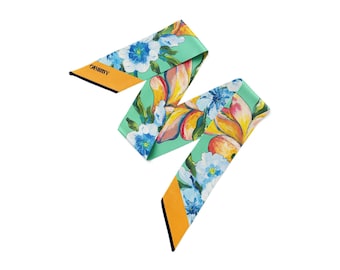 Designer Floral Silk Skinny Scarf,  Trending Accessories, Luxury Anniversary Gift for Women