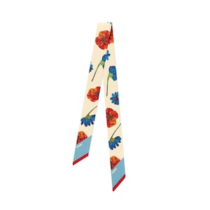 Silk Skinny Scarf with Flowers, Beige Skinny Scarf Red and Blue Accents, Silk Bow Scarf, Pure Silk Hair Scarf, Gift for Wife Mothers Day