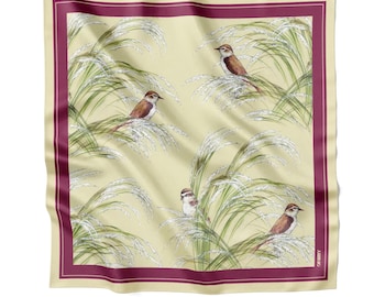 Bird Design Silk Scarf, Trendy Silk Bandana, 100% Natural Silk Head Wrap, Floral Bandana, Mother's Day Gift for Mom, Hair Scarf Silk