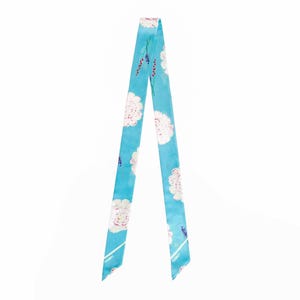 Unique Silk Skinny Scarf, Pure Silk Scarf for Hair, Floral Neck Skinny Scarf, Light Blue Narrow Long Scarf, Fashion Gift, Summer Hair Scarf