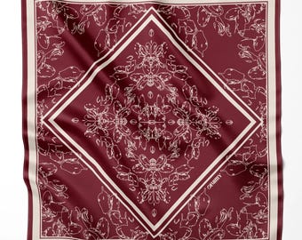 Luxury Natural Silk Hair Scarf Artistic Design, Unique Mother's Day Gift for Her, Silk Scarf Plum, 100% Silk Scarf, Square Scarf and Ring