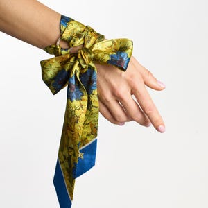 Ukrainian Style Skinny Scarf for Neck, Hair, Clothes, Purse, Flower Silk Skinny Scarf in Blue and Yellow, Bow Scarf, Wildflower Ribbon Scarf