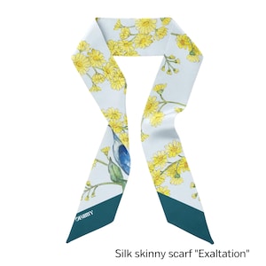 Unique Silk Skinny Scarf, Illustrated Hair Scarf, 100% Silk Bow Scarf, Summer Ribbon Style Scarf, Artist Print Thin Long Scarf, Purse Scarf