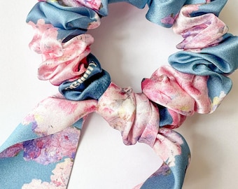Blue scrunchie scarf with pink flowers, Set of silk hair tie with skinny silk scarf or separates, Elegant scrunchies with long tails