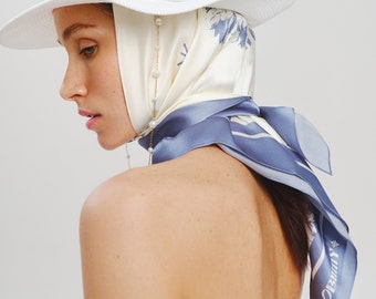 Ivory Silk Scarf, Pure Silk Bandana, Floral Square Silk Head Scarf, Girlfriend Gift, Trending Birthday Gift, Summer Fashion Accessories
