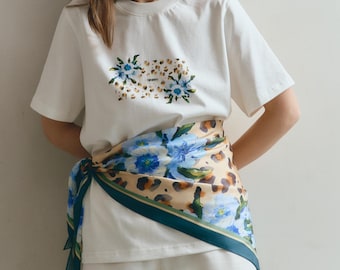 Floral Leopard Print T-Shirt, Künstlerische Baumwolle Top