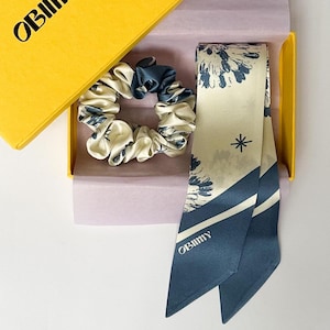 Elegant Hair Scarf, Floral Silk Skinny Scarf and Scrunchie Set, Silk Bow Scarf, Designer Hair Accessories for Women, Wedding Guest Outfits