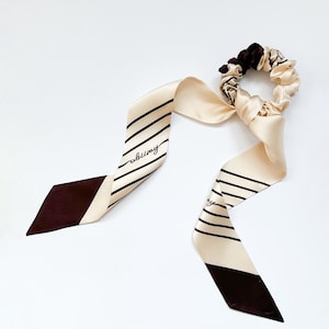 Bow Scrunchie, Set of Scrunchie and Skinny Scarf, Ponytail Bow Hair Scarf, Pure Silk Skinny Scarf Scrunchie, Beige Ribbon Bow Scrunchies
