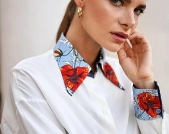 White Cotton Shirt with Silk Collar and Cuffs, Natural Materials Shirt with Designer Print, White Blouse Artwork Design, Spring Fashion