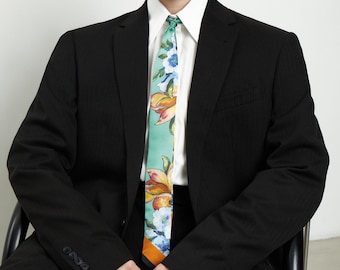 Kwiatowy, wąski szalik w kolorze limonkowym, szalik z czystego jedwabiu, jedwabny szal na szyję, długi jedwabny szal na włosy, prezent urodzinowy dla kobiet, które mają wszystko