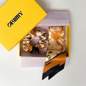 Leopard Silk Skinny Scarf, Set of 2 Silk Accessories, Leo Style Scarf Scrunchie, Narrow Scarf for Hair, Silk Gift, Summer Hair Scarf