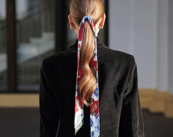 Versatile Skinny Scarf, Pure Silk Ribbon Scarf, Unique Gift of Silk Accessories for Women, Crimson Long Narrow Scarf, Hair Scarf Scunchie