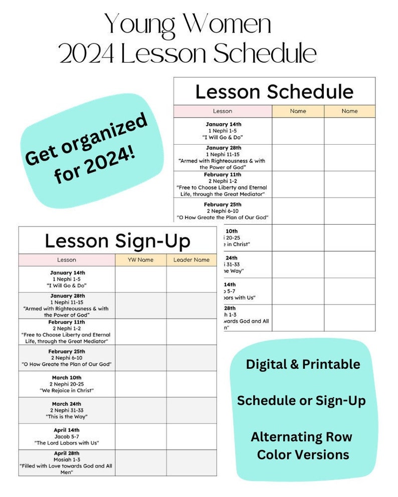 Young Women 2024 Come Follow Me Lesson Schedule/signup Etsy