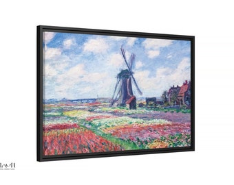 Impressionist Claude Monet Painting - Windmill & Tulips, Unique Gift for Art Lovers, Bedroom or Living Room Wall Decor