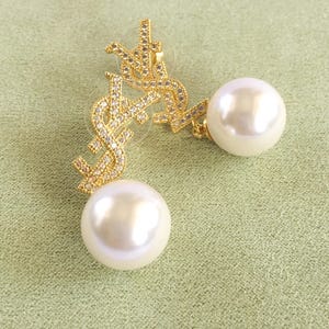Vintage Stylish YSL Yves Saint Laurent Pearl Gold Earrings