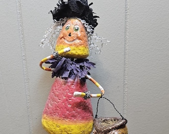 Vintage Bethany Lowe for RAZ Halloween Paper Mache Candy Corn Bobblehead Figure Owl Trick or Treat Bucket - 10.5"H Nostalgic Retro Folk Art
