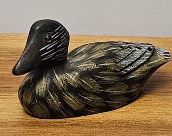 Miniature Solid Wood Duck Decoy - Vintage 1990's Artist Carved, Painted - 1.25"H x 2.5"W - Artist Signed Dated -(Mike Allen 1996) - Mini