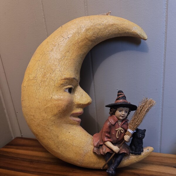 LARGE Bethany Lowe Vintage Halloween Folk Art Sculpture - Black Cat, Child Witch with Broom on Cresent Moon - 13" H x 10" W
