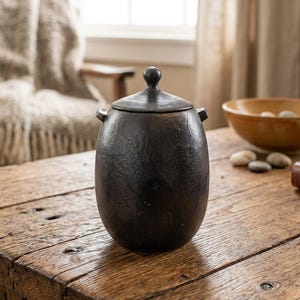 Raku eldglaserad keramikvas med lock, koppartrådslindade detaljer - handformad och bränd - konstnärssignerad - 13,5 cm hög