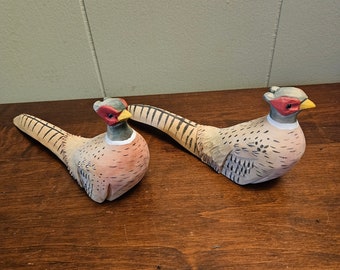 Wood Artist Hand Carved and painted Ring-necked Pheasant Hen and Rooster Pair - 9" Long x 4" Tall