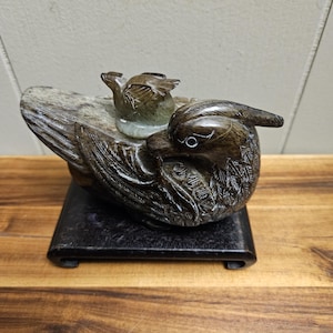Jade Vintage Chinese Hand Carved Jade Duck / Exotic Bird Water Pot / Vessel Sculpture with Baby Duckling Lid / Cover 4&quot; H x 5.5&quot; W x 2.5&quot; D