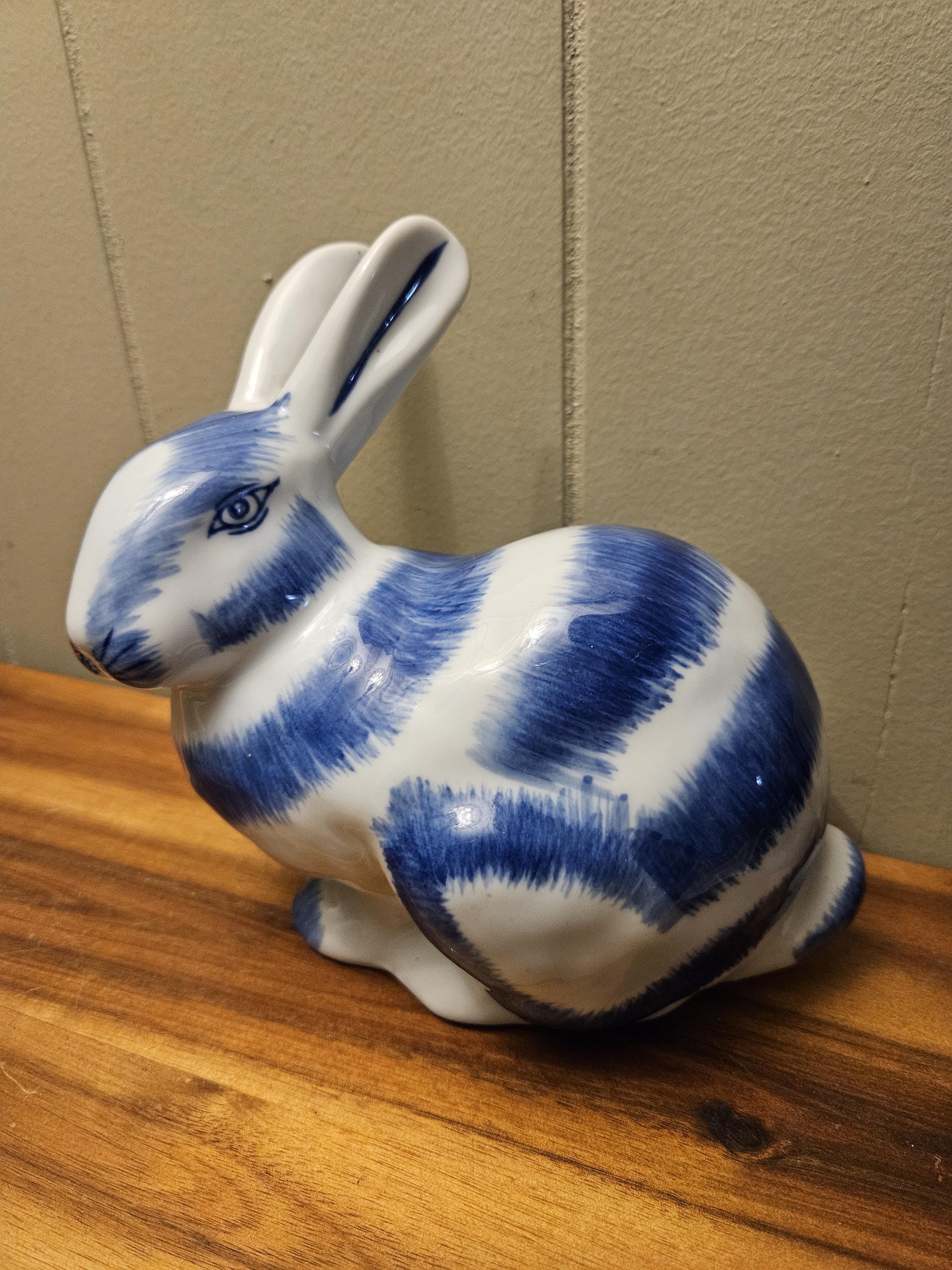 Large Blue & White Porcelain Bunny Rabbit Figurine - Hand Painted ...