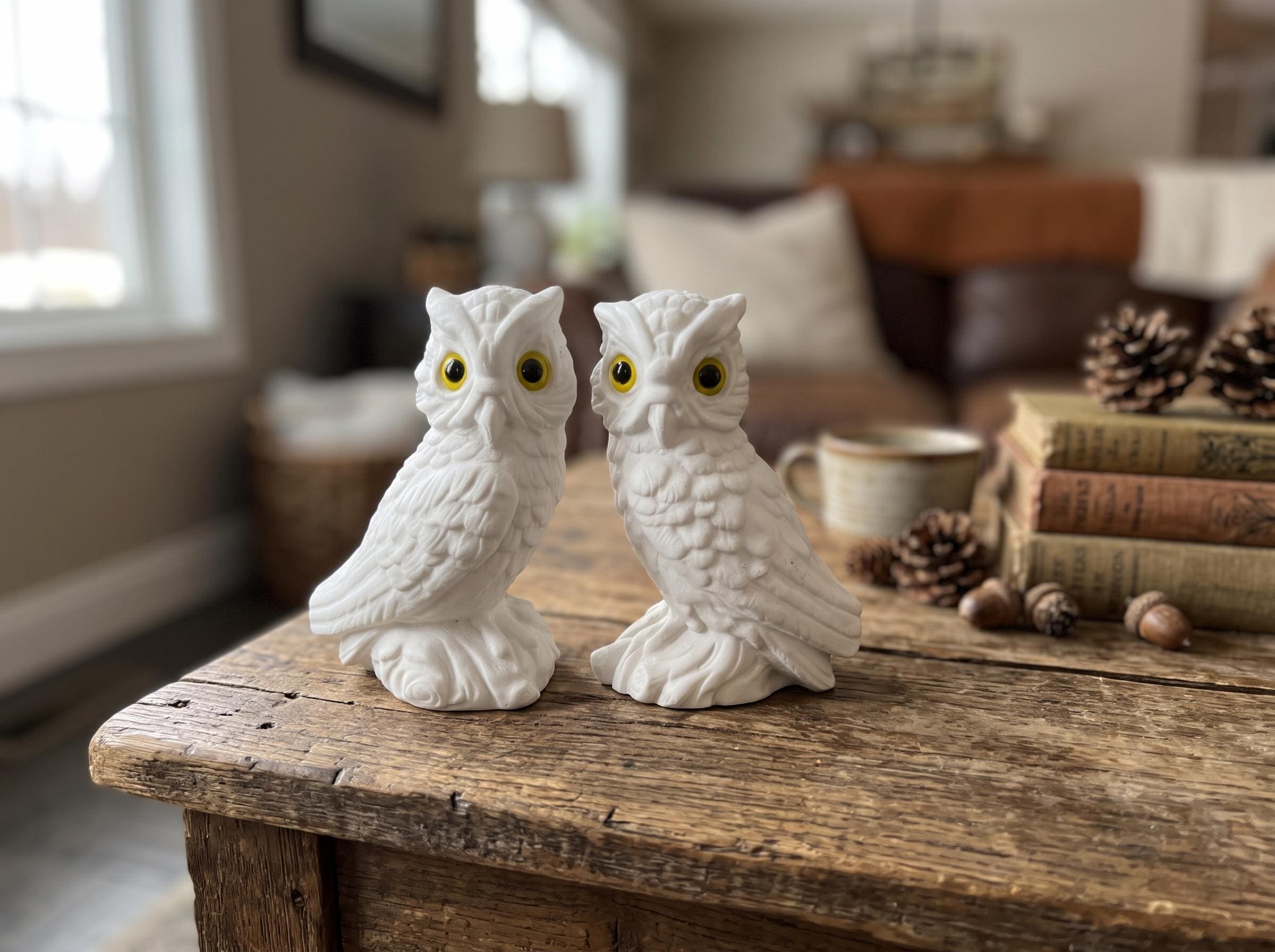 Alabaster White Vintage Italian Salt Stone Owl Figurines (Set of 2)