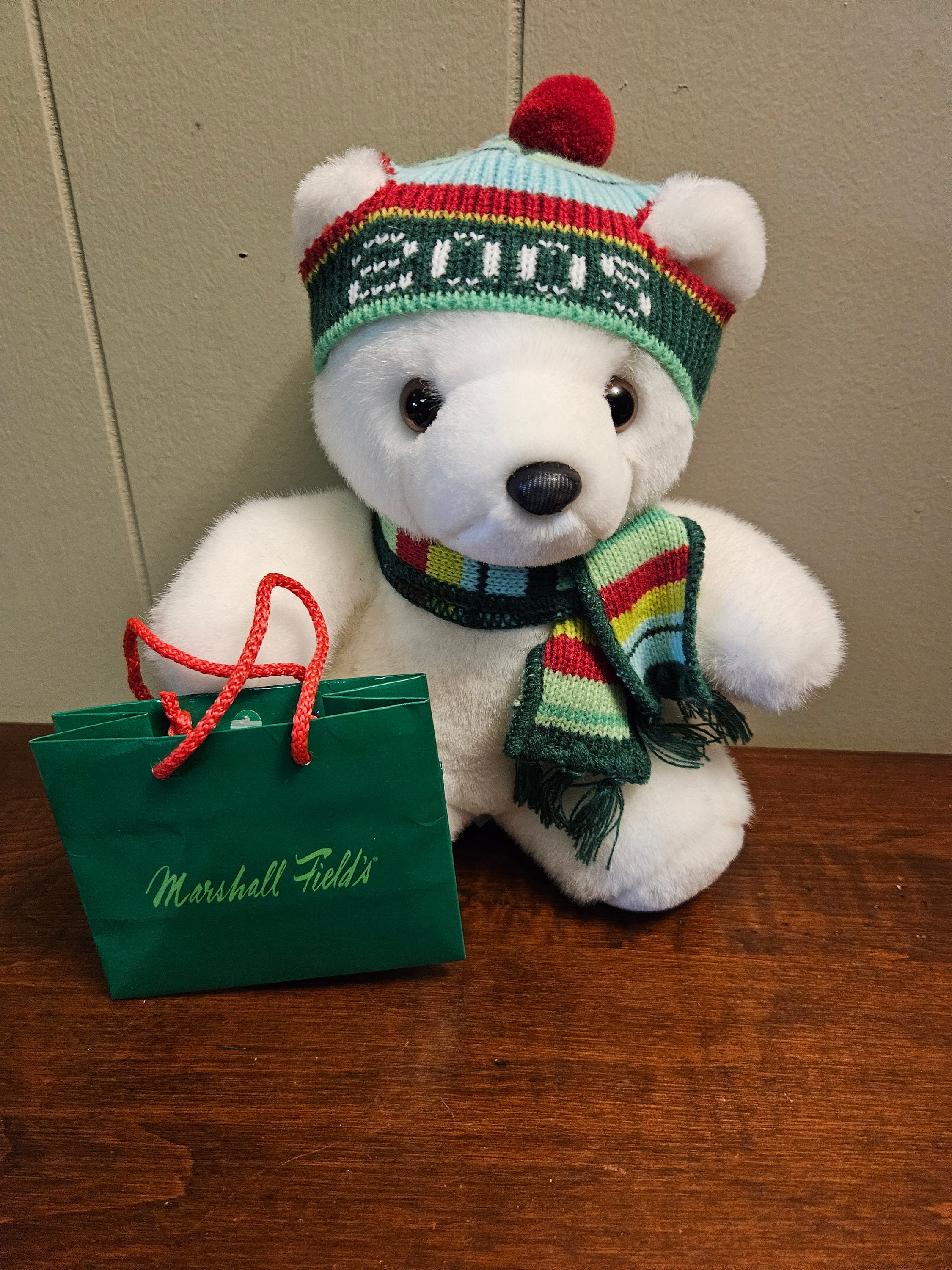 Marshall Field s Collectible 2005 Santa Bear Teddy Bear Rare Version With Mini Green Fields Shopping Bag Stuffed Animal Plush Toy Etsy