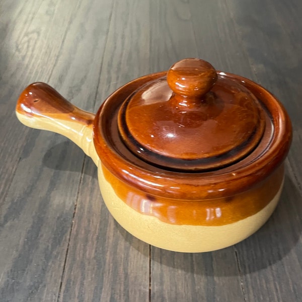 Stoneware Ceramic Vintage Handled & Lidded Soup Bowl Crock