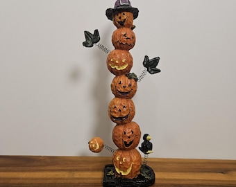 Hand Painted Totem Pole of Jack O Lantern Pumpkins Witch Hat, Raven Black Bird Figurine with Crows, Leaves - 10.5" H - Halloween
