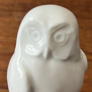 May include: A white ceramic owl figurine with detailed facial features, including large, expressive eyes and a prominent beak. The owl is depicted in a seated position, with smooth, glossy surfaces. The figurine is a decorative item.