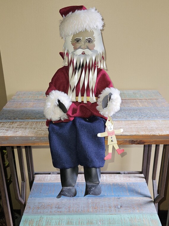 Santas by Donna ビンテージ サンタクロース人形 ハンドメイド Vintage 1987 Folk Art - Hand Crafted and Painted Sitting Shelf