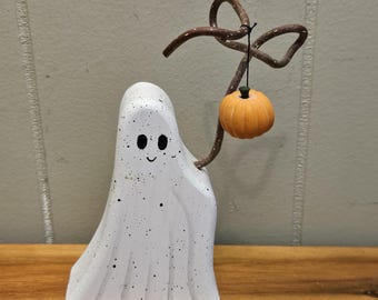 Wood Carved Ghost w/Mini Trick or Treat Jack O Lantern Pumpkin Artist Made, Painted, Signed - Halloween Vintage Folk Art, Wood - 6" H x 4" W