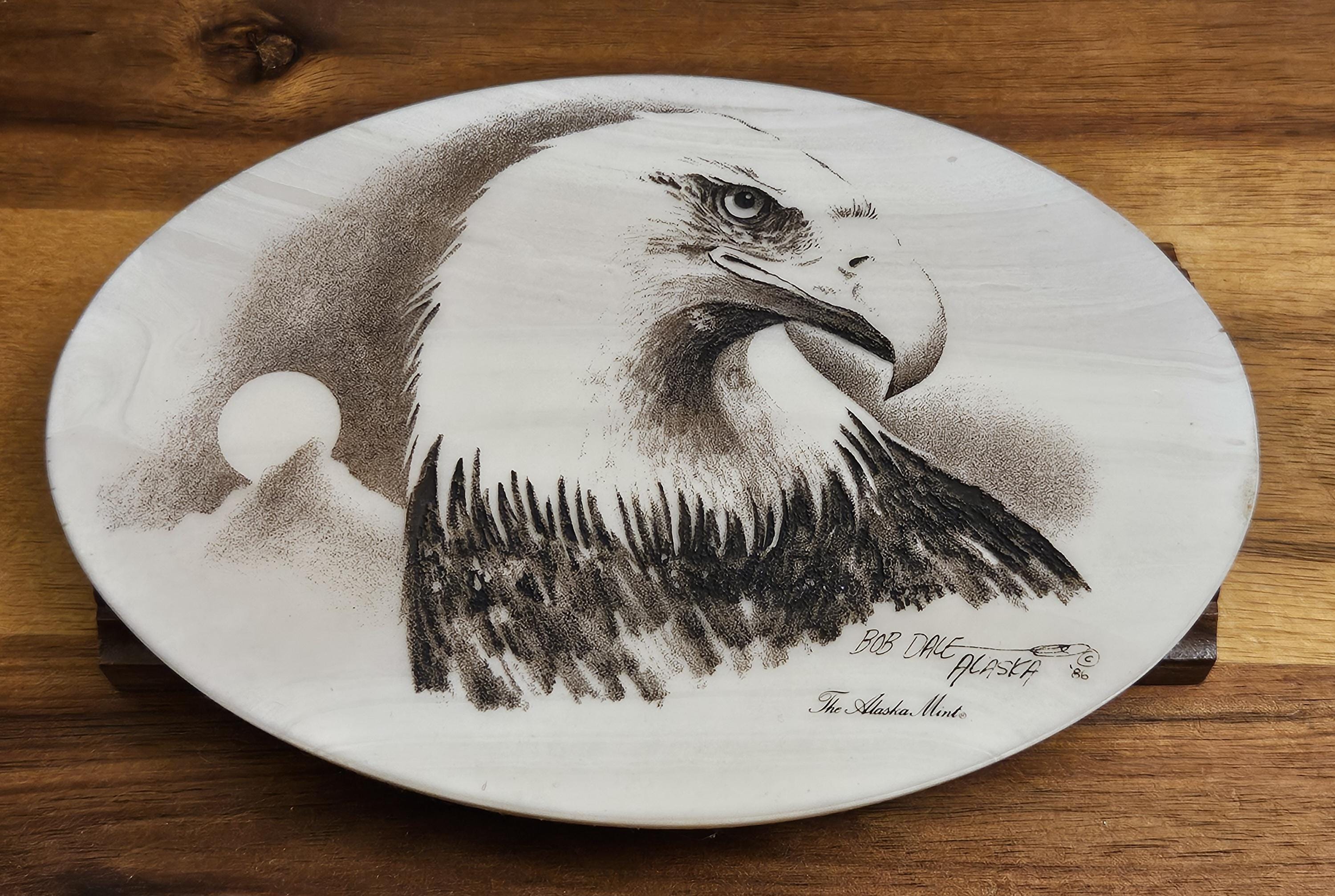 Vintage 1986 Artist Carved Bald Eagle on Wood Pedestal - Bob Dale