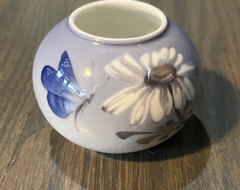 Royal Copenhagen Denmark Blue Butterfly Small Round Vintage Porcelain - Hand Painted &quot;Little Buddy&quot; Bud / Dandelion / Wildflower Vase