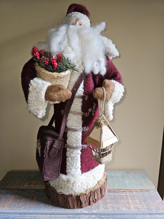Christmas Vintage Artist Made Santa on Wood Base With Red Fur
