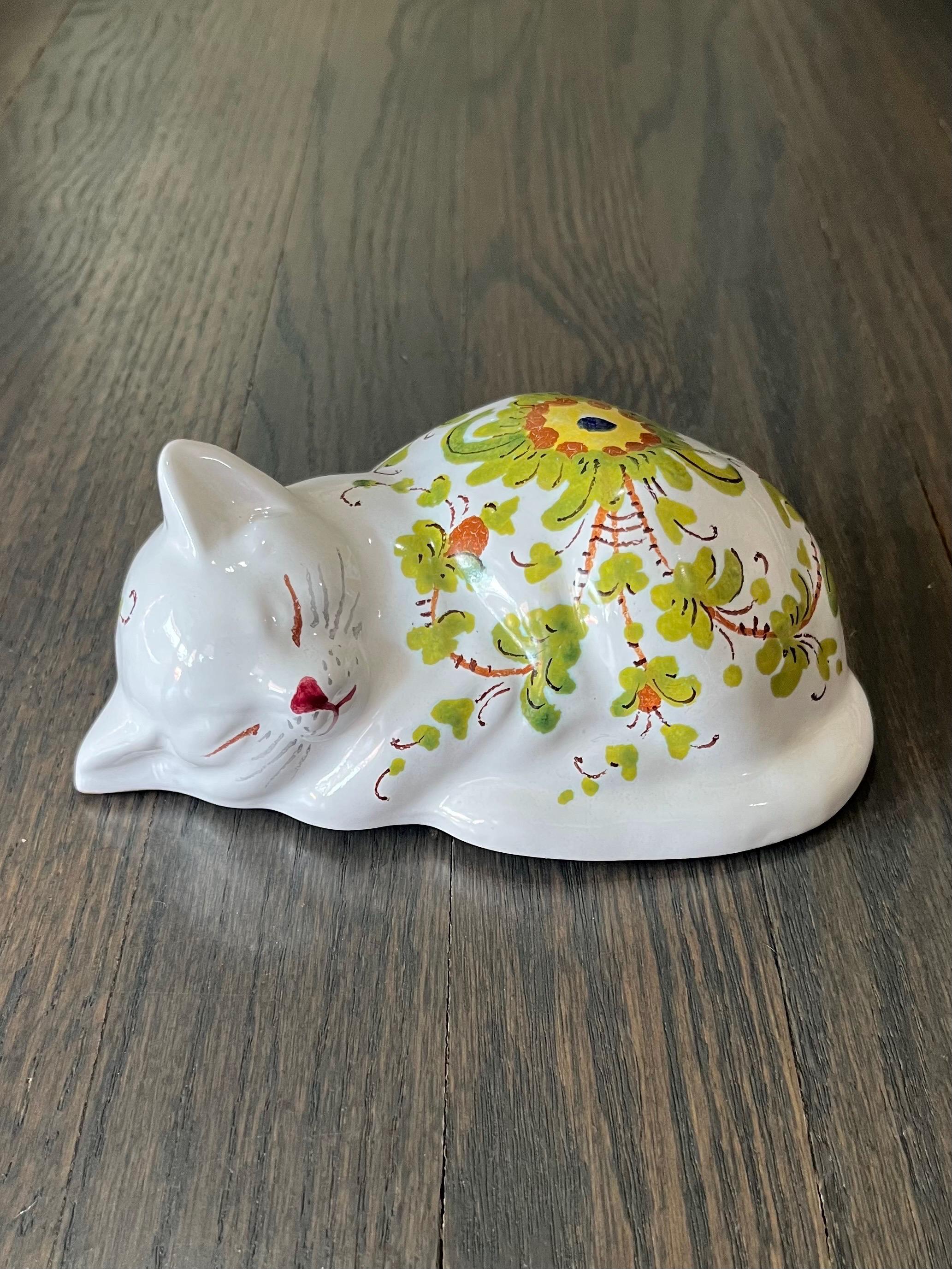 Italian Pottery Sleeping Cat Ceramic Hand Painted Vintage