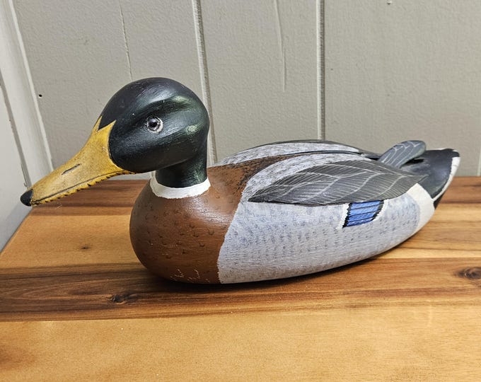Leather Duck Pattern Vintage Mallard Drake Duck - Hand Carved / Painted Wood Decoy - 5