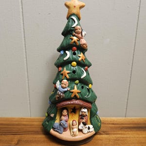 Natural Artist Made Clay Holy Family Nativity Christmas Tree Incense Burner (Angels, Mary, Joseph, Jesus in Manger, Donkey, Cow) - Peru