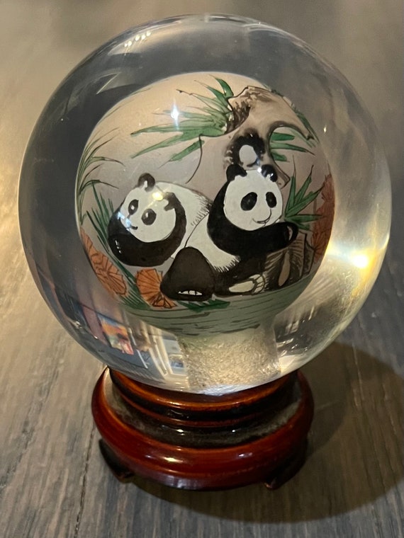 Panda Bear Reverse Hand Painted Vintage Crystal B… - image 1