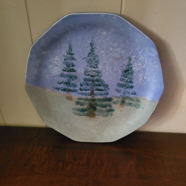 Evergreen Pine Tree Scene Studio Pottery Plate - Artist Signed  - R. Summers