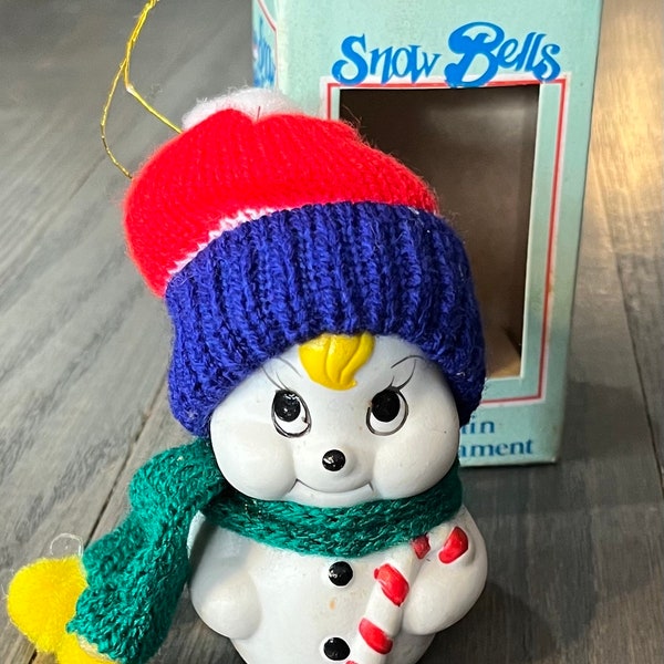 Snow Bells Porcelain Hand Painted Snowman Bell Ornament with Original Box