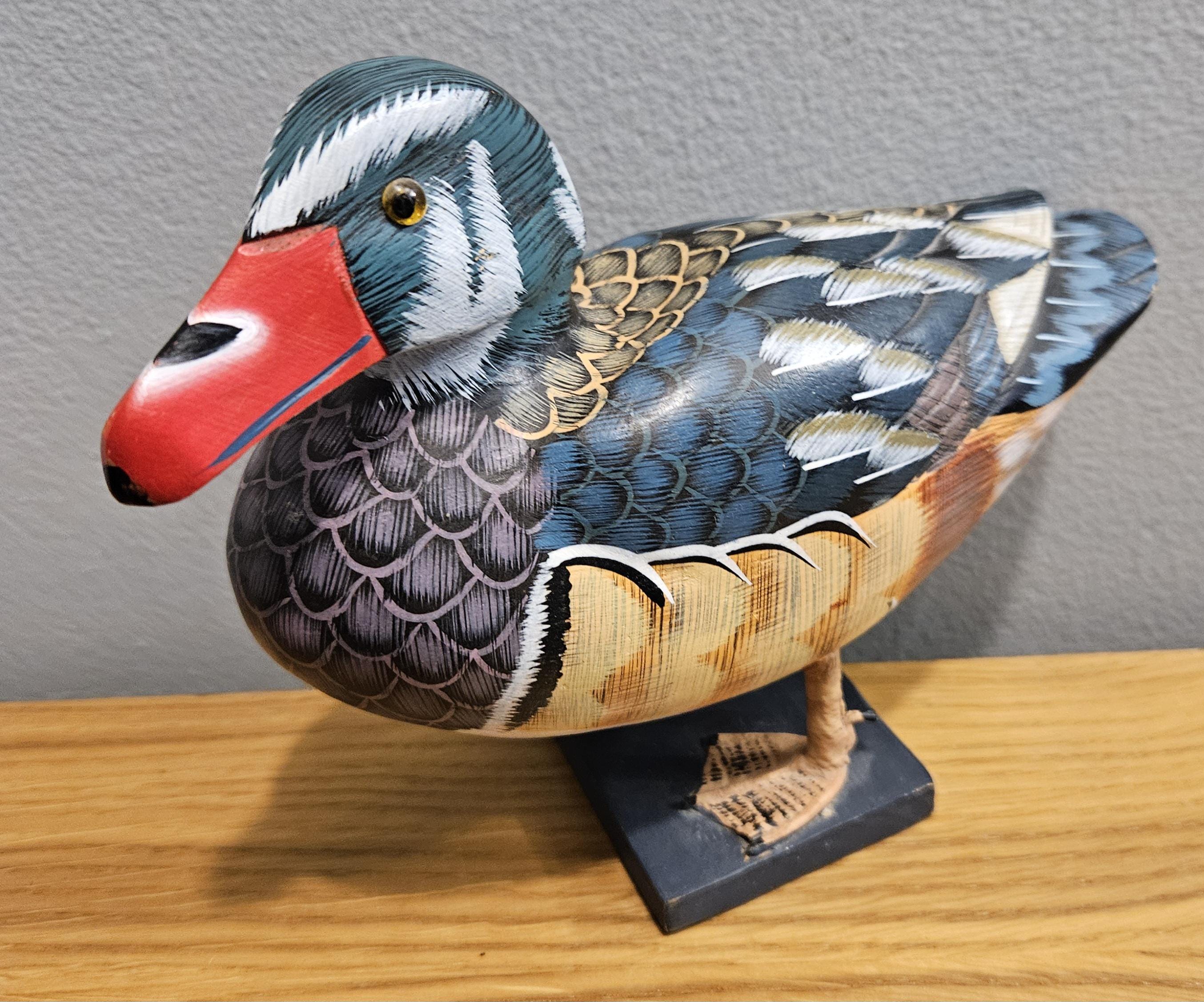 Standing Wood Duck Decoy on Wood Base With Webbed Feet - Vintage
