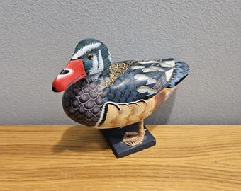 Standing Wood Duck Decoy on Wood Base with Webbed Feet - Vintage 1980's Artist Carved, Painted - 6"H x 8"W - Ducks