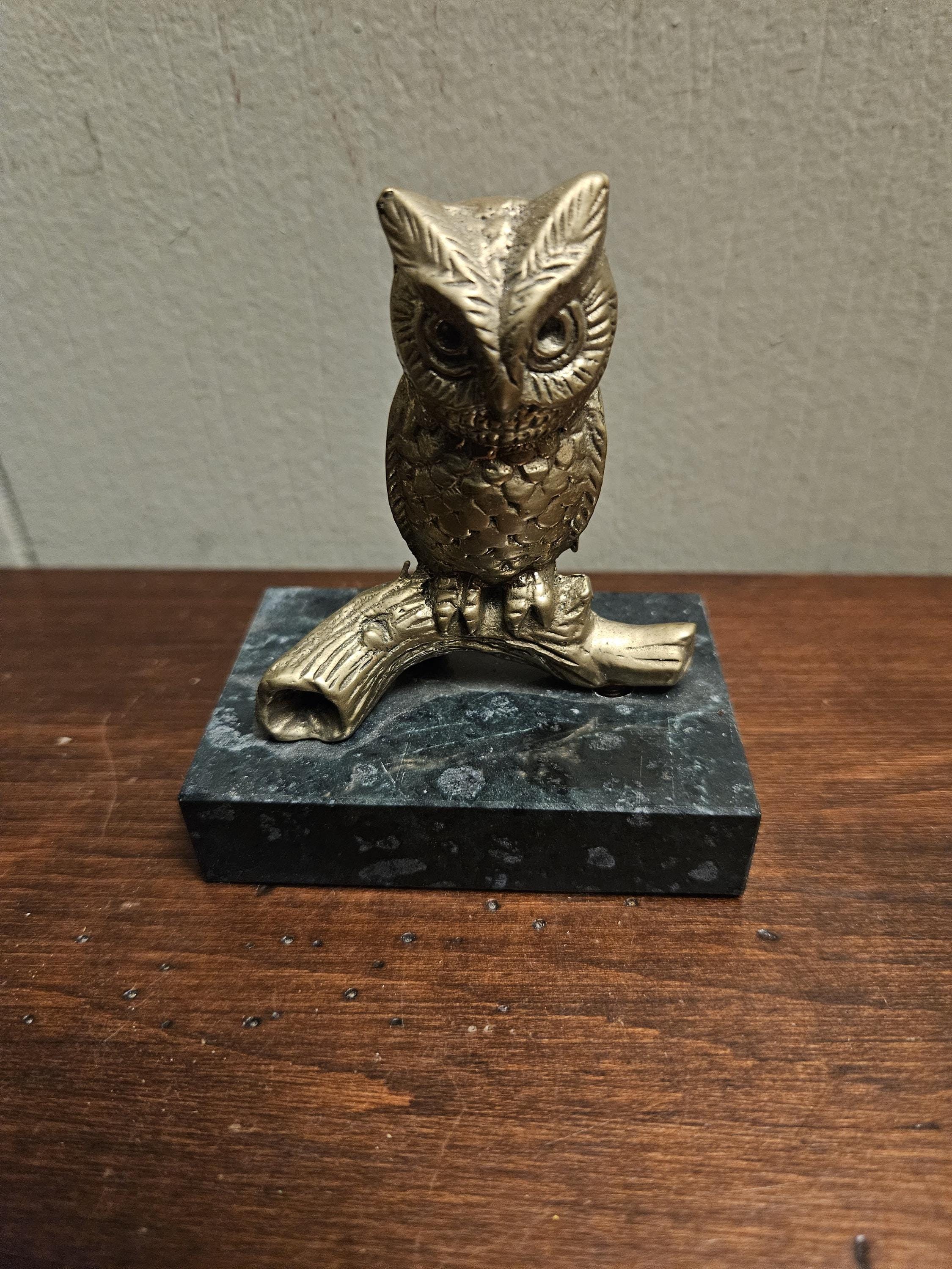 Vintage Brass Owl on Marble Pedestal Base Paperweight, Bird Sculpture, Figurine- 3.5" Tall x 3&