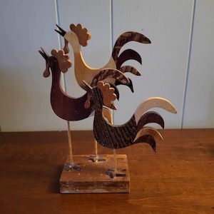 Jerry Krider Rare Three Roosters Wood Relief Sculpture