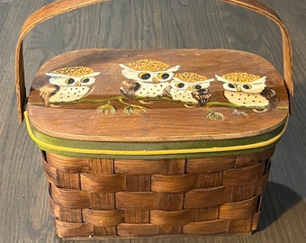 Basketville Putney Vermont Hand Painted Owl Wood Woven Basket 1973