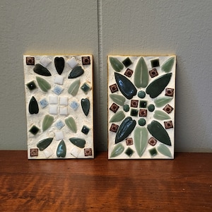 Mosaic Glass Tile Trinket Dish - Vintage MCM 1960&#39;s Curved Edge - Multicolor Amber, White and Green Leaf Patterns - 5.5&quot; x 3.5&quot; (Set of 2)